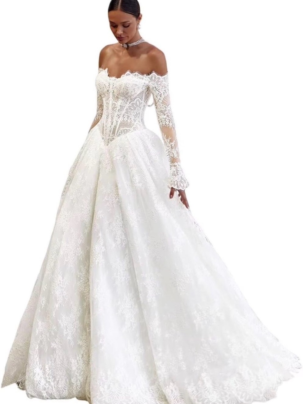 Off-Shoulder White Lace Wedding Dress